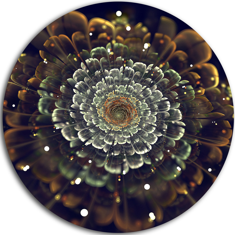 Perfect Fractal Flower in Orange and Silver, Round Metal Wall Art, Disc