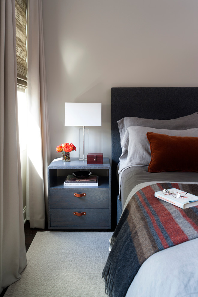 Design ideas for a small contemporary master bedroom in DC Metro with grey walls and dark hardwood floors.