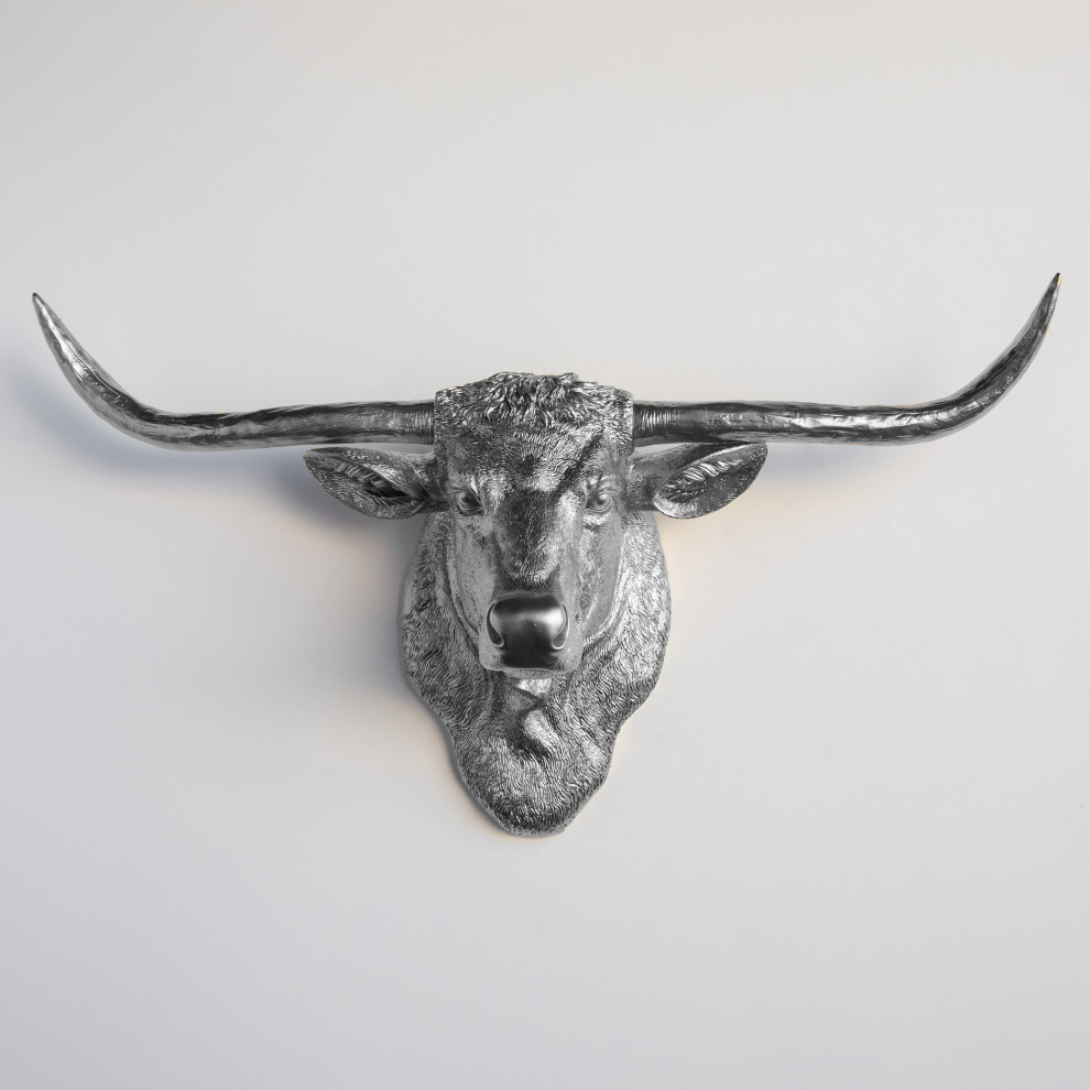 Faux Metallic Texas Longhorn Head Wall Decor, Silver
