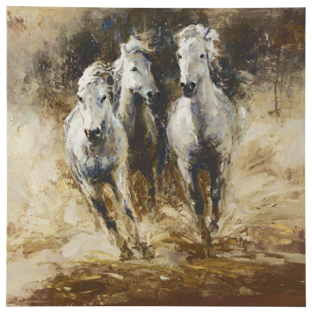 Benzara BM209370 Wrapped Canvas Wall Art With Hand Painted Horses, White/Brown