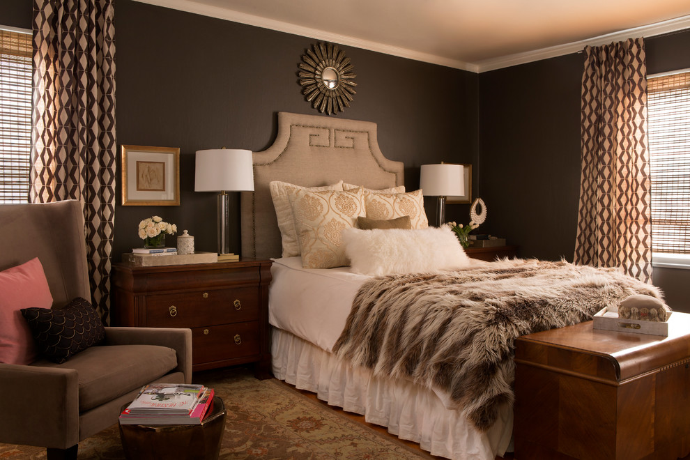 Bedroom - large transitional master medium tone wood floor bedroom idea in Portland with black walls and no fireplace