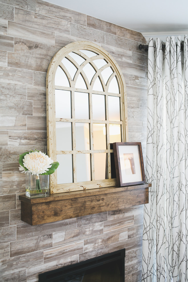 Home design - mid-sized transitional formal and enclosed light wood floor home design idea with beige walls, a corner fireplace, a tile fireplace and no tv