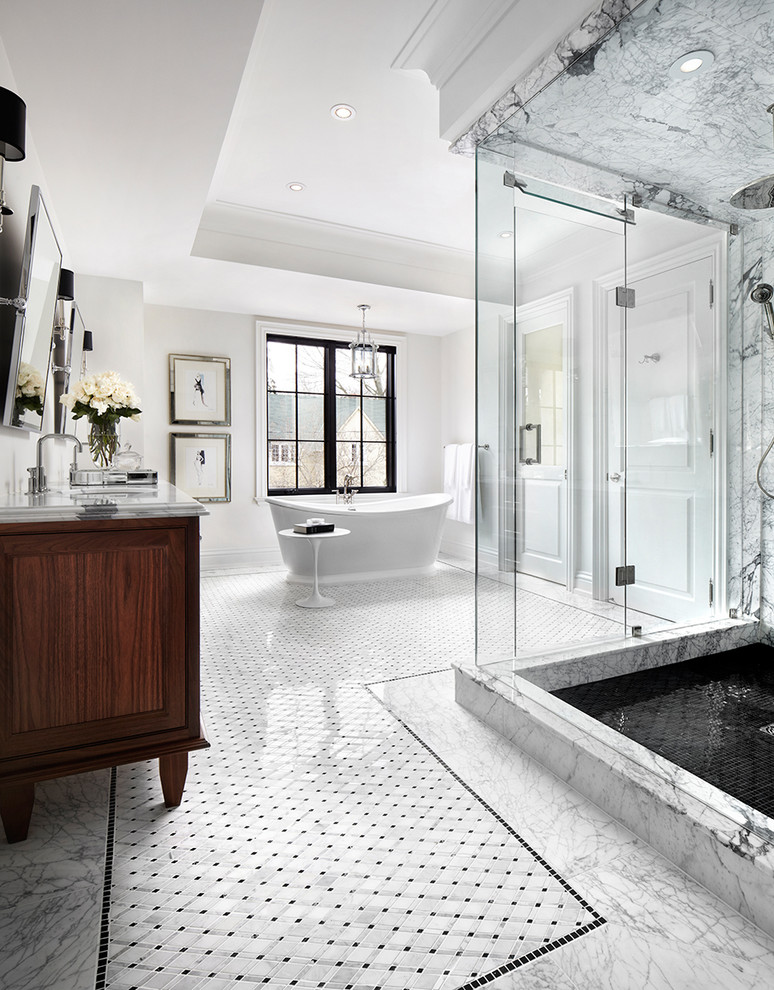 Design ideas for a transitional wet room bathroom in Toronto with dark wood cabinets, a freestanding tub, white walls, black and white tile and grey floor.