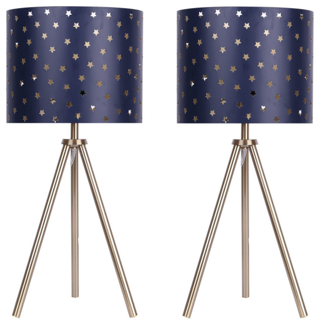 22" Royal Gold Accent Lamp With Navy Cutout Star Shades & Tripod Base
