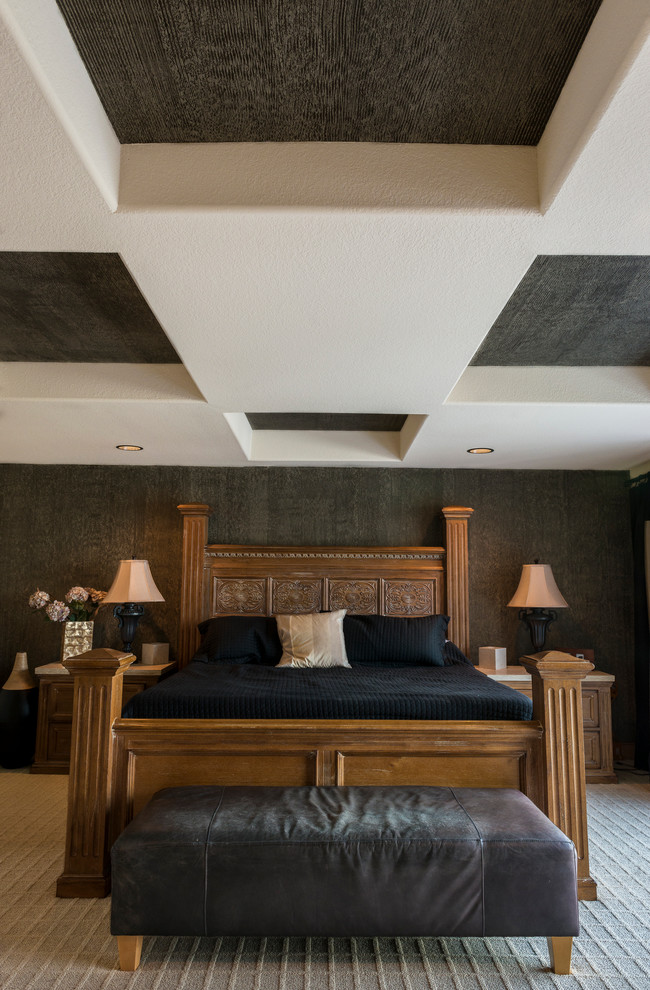 Design ideas for a contemporary master bedroom in Denver with black walls and carpet.