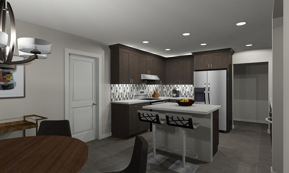 Kitchen - mid-sized transitional porcelain tile and gray floor kitchen idea in Phoenix with an undermount sink, shaker cabinets, black cabinets, quartz countertops, gray backsplash, glass tile backsplash, stainless steel appliances, an island and white countertops