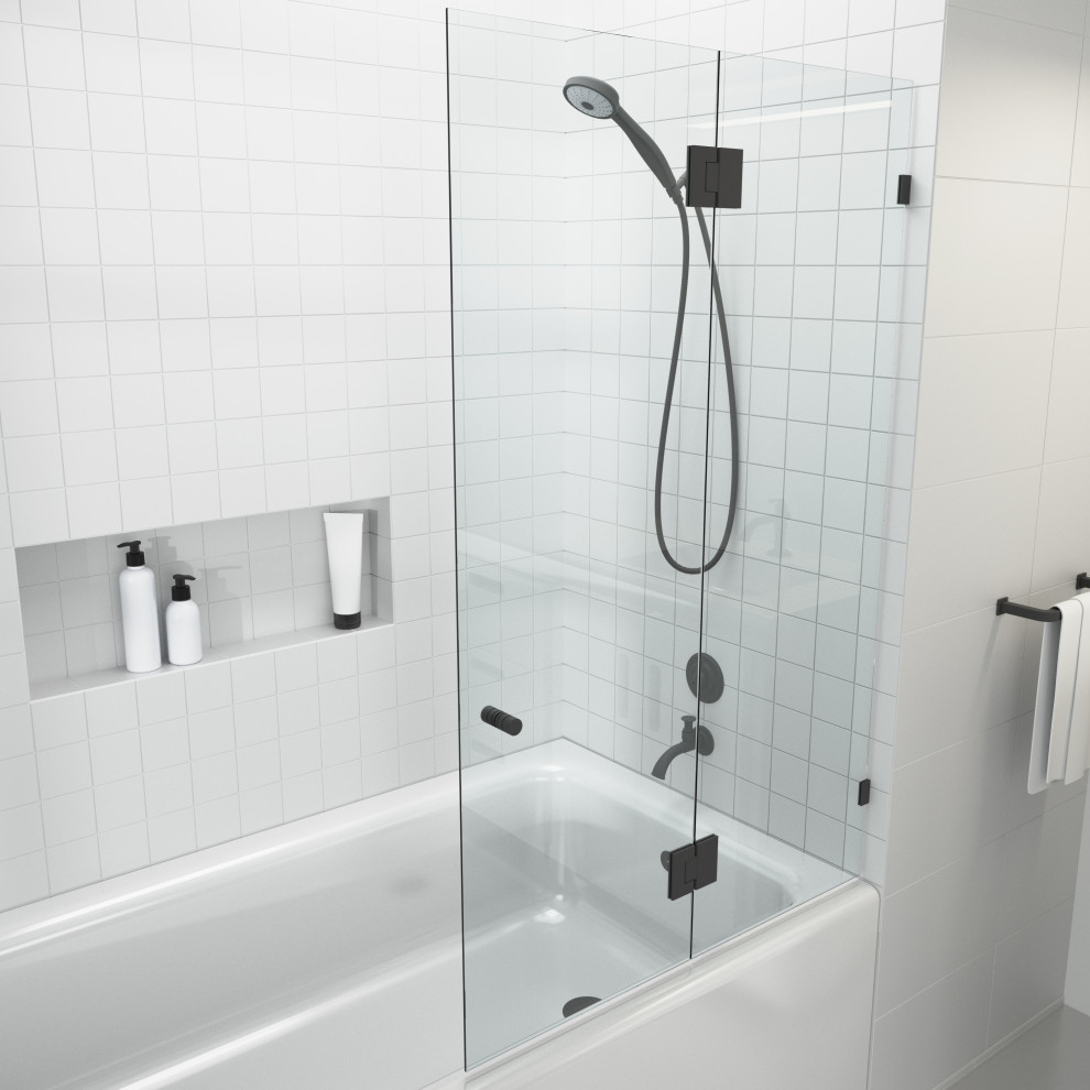 58"x34" Frameless Glass Bath Tub Shower Door, Glass Hung, Matte Black