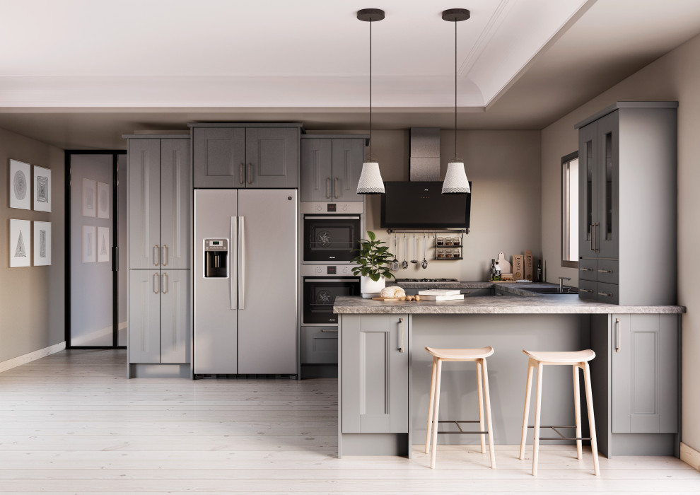 Contemporary eat-in kitchen in Other with grey cabinets, with island and grey benchtop.