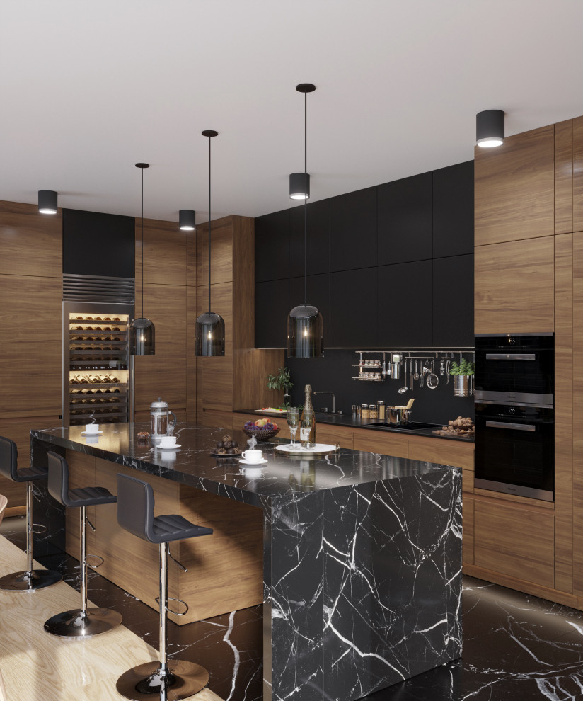 Ispirazione per una cucina minimal di medie dimensioni con ante in legno bruno, top in marmo, pavimento in marmo e pavimento nero