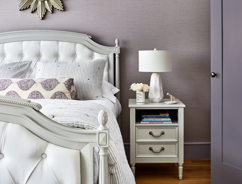 Heart of Hoboken Family Residence - Inspiration for a bedroom and mid-sized transitional girl medium tone wood floor and brown floor kids' bedroom remodel in Los Angeles with purple walls