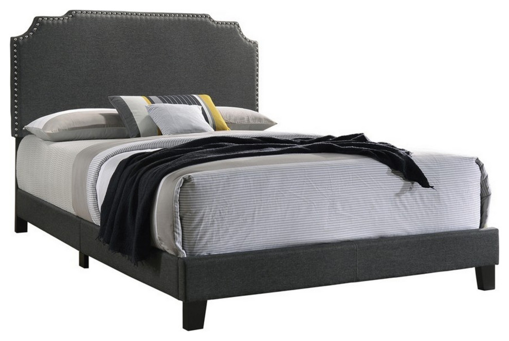 Benzara BM215889 Fabric Upholstered Wooden Queen Size Bed, Nail head