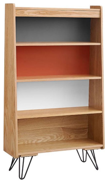 Riverbay Furniture 4 Shelves Wood Bookcase in Natural Brown/Gray/Orange/White