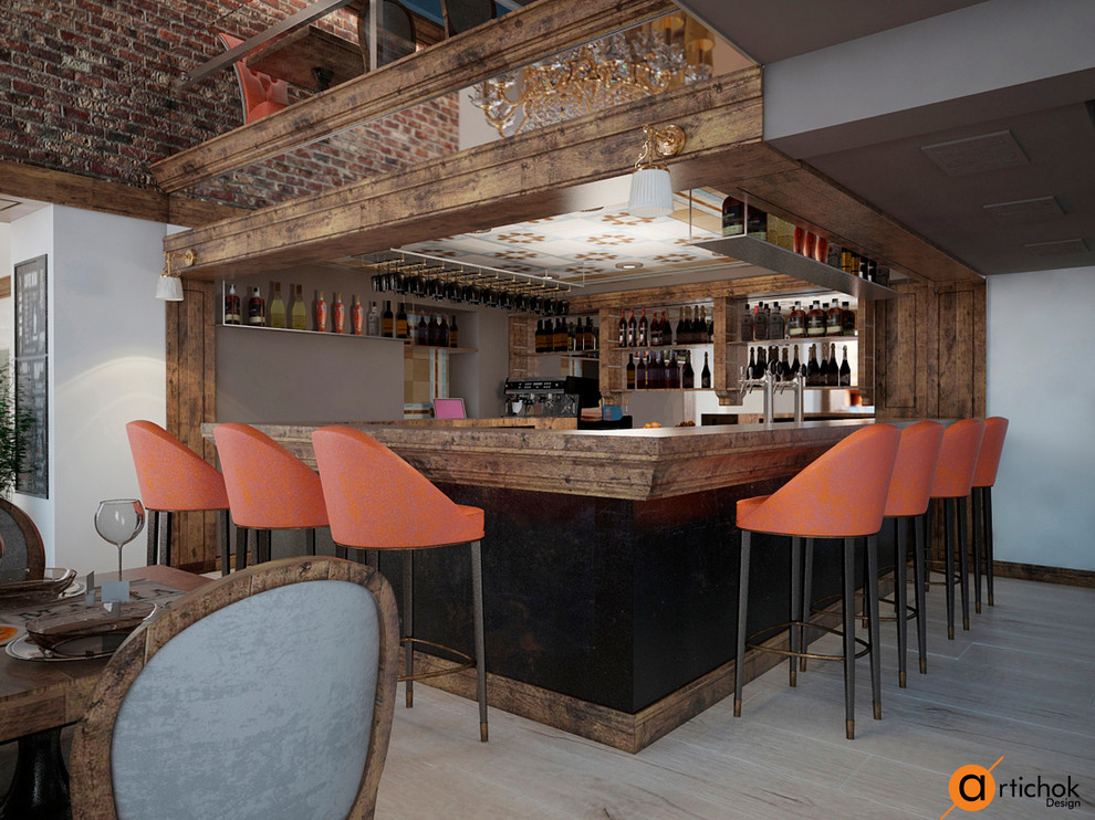 Барная стойка ресторана: дерево и яркие акценты