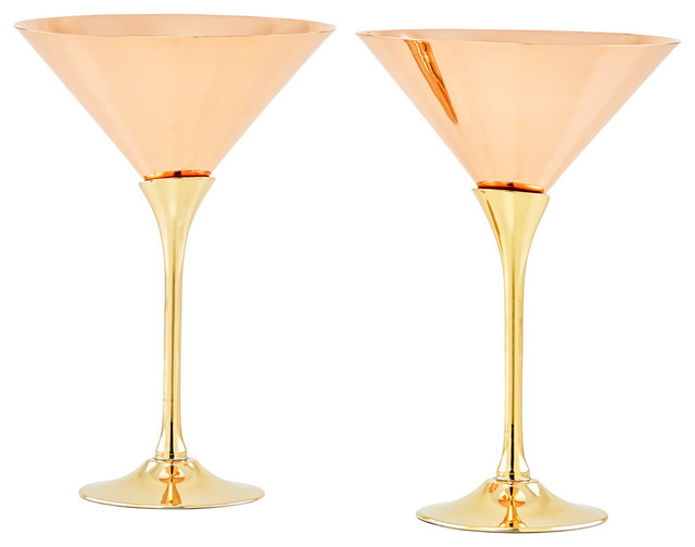 9 Oz. S/2 Solid Copper Martini Glasses w/Brass Stem Contemporary Cocktail Glasses by Old