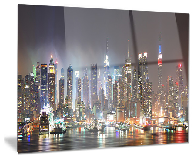 Lit Nyc Manhattan Skyline Cityscape Photo Glossy Metal Wall Art
