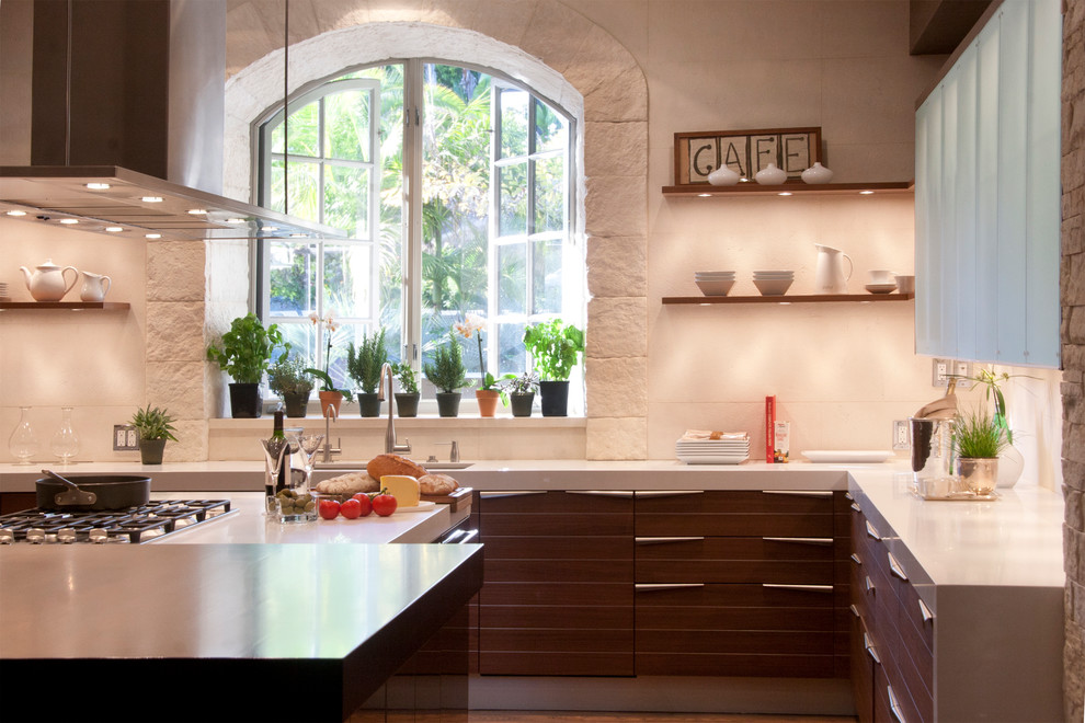 This is an example of a transitional kitchen in Los Angeles with flat-panel cabinets.