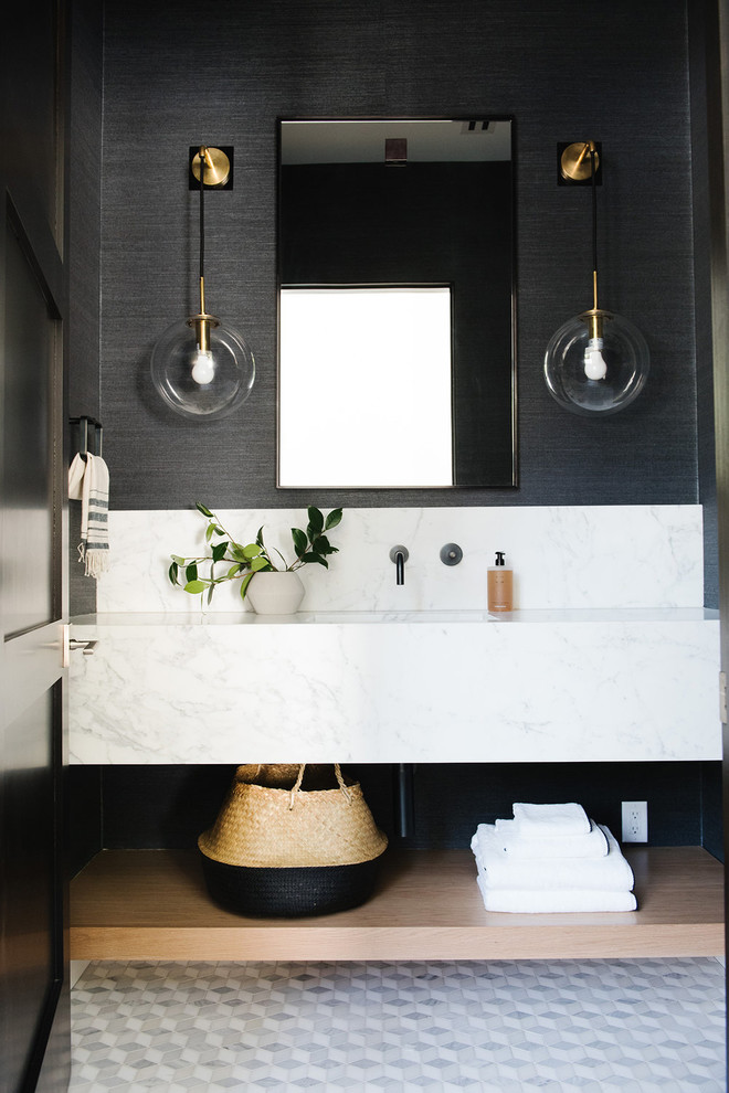 Design ideas for an expansive country master bathroom in Salt Lake City with open cabinets, light wood cabinets, white walls, marble benchtops, a hinged shower door and multi-coloured benchtops.