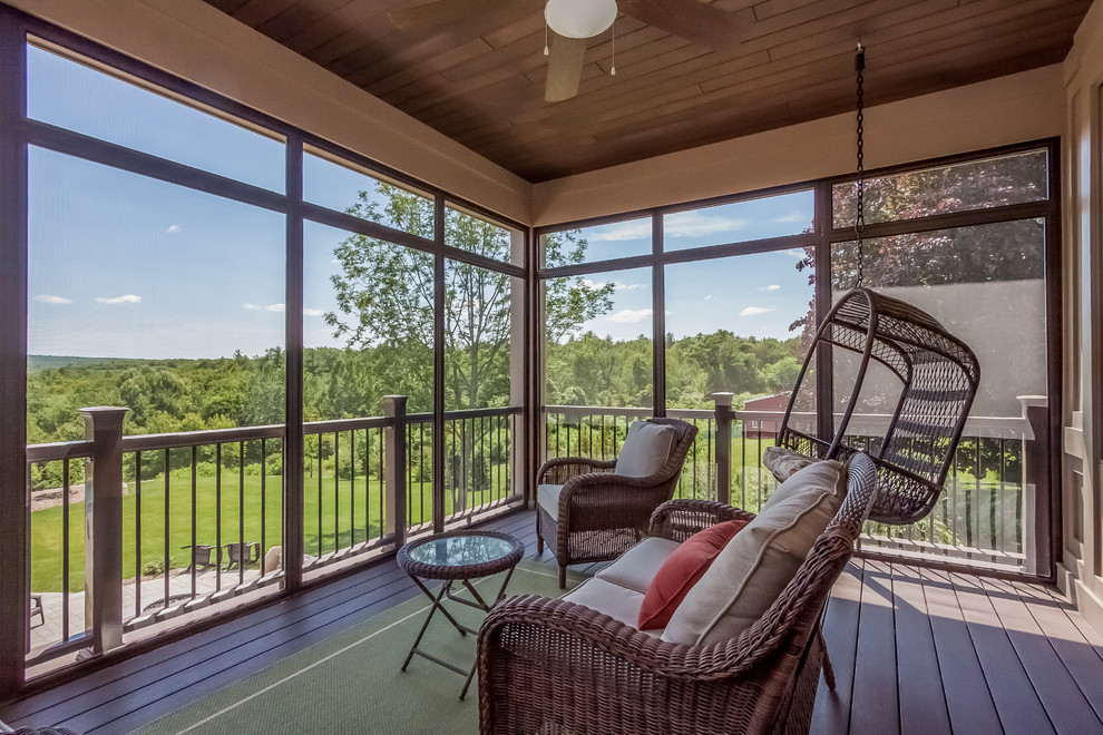 Mid-sized classic screened-in porch idea in Boston with decking and a roof extension