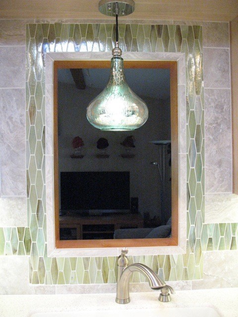 Inspiration for a transitional kitchen remodel with green backsplash and mosaic tile backsplash