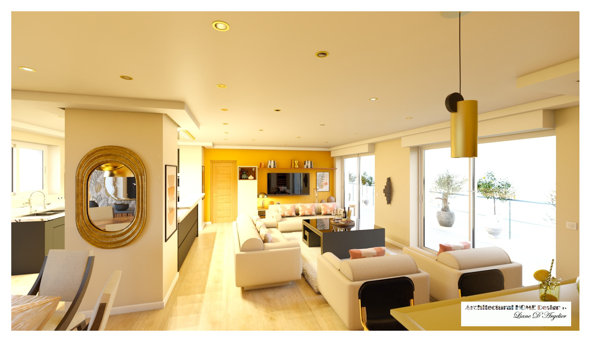 Living 60 m² chic avec cuisine ouverte.