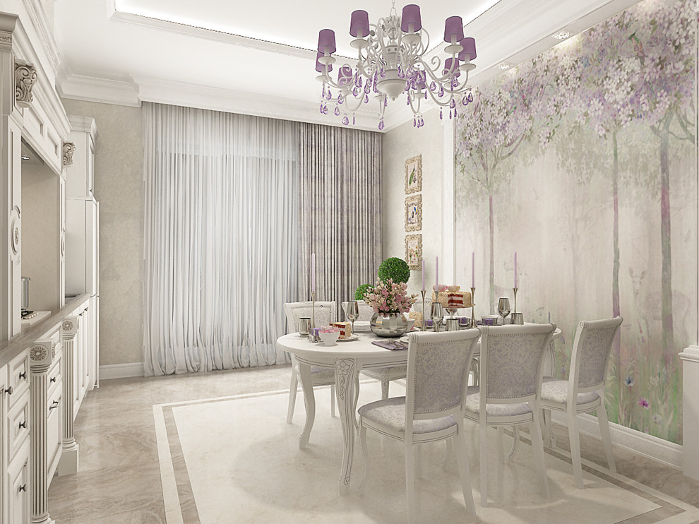 Кухня и гостиная в светлых тонах с сиреневыми акцентами