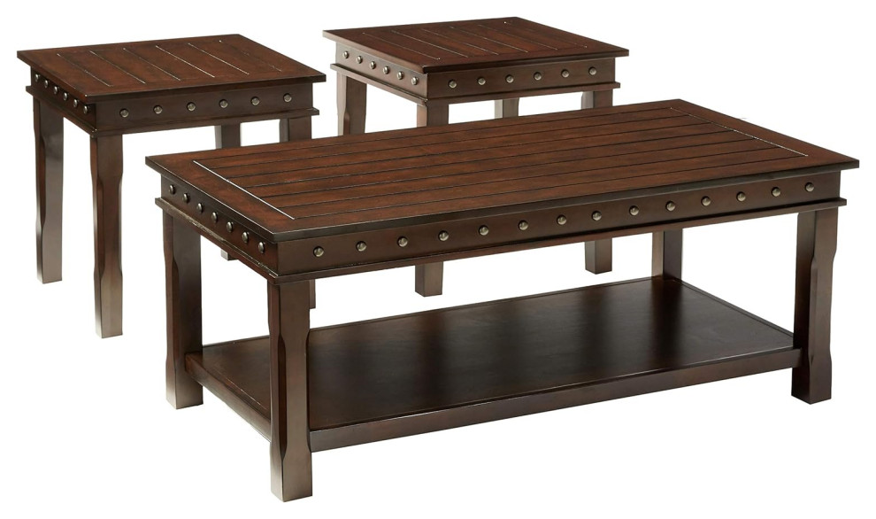 3 Pieces Coffee Table Set, Plank Top With Metal Nail Head Trim Accents