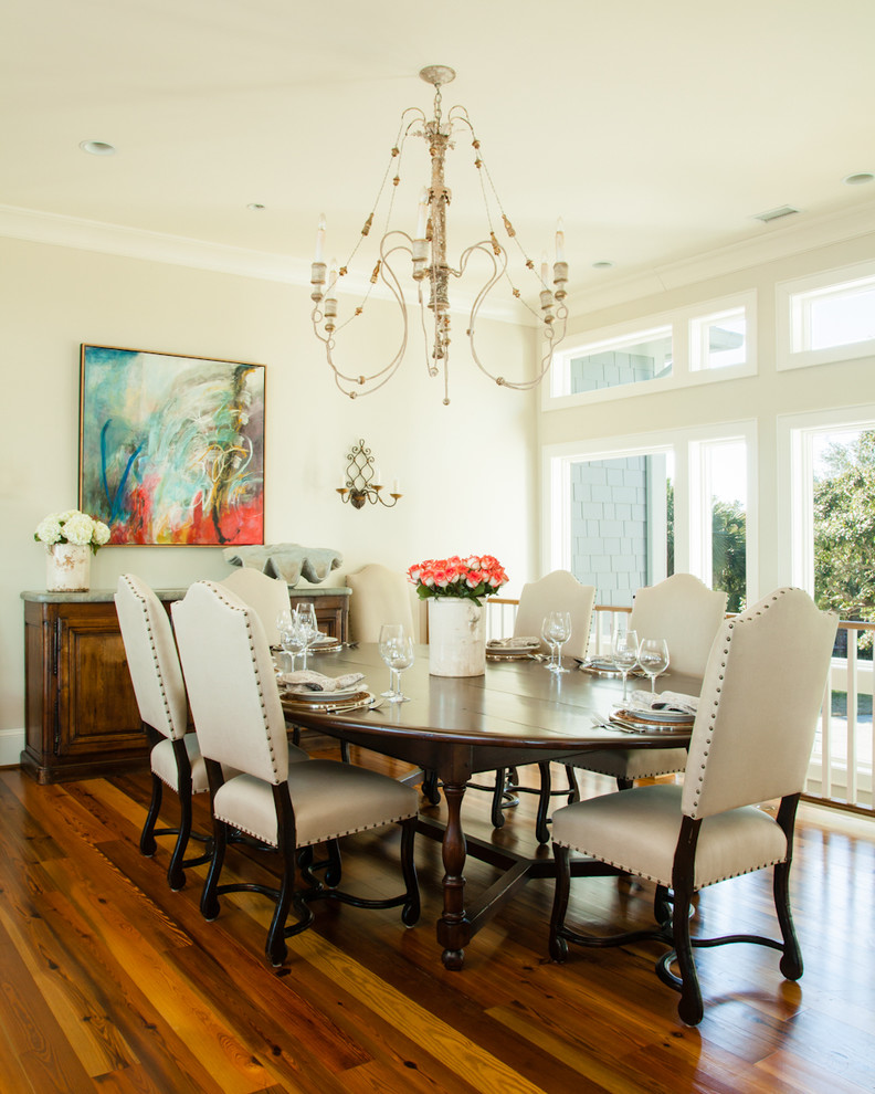 Inspiration for a large traditional open plan dining in Wilmington with beige walls, medium hardwood floors and no fireplace.