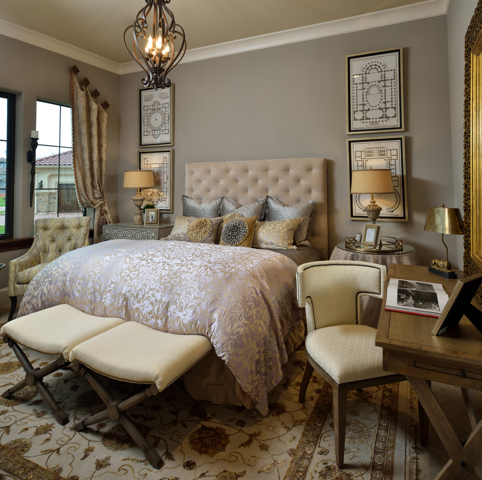 Mid-sized elegant guest bedroom photo in Houston with gray walls