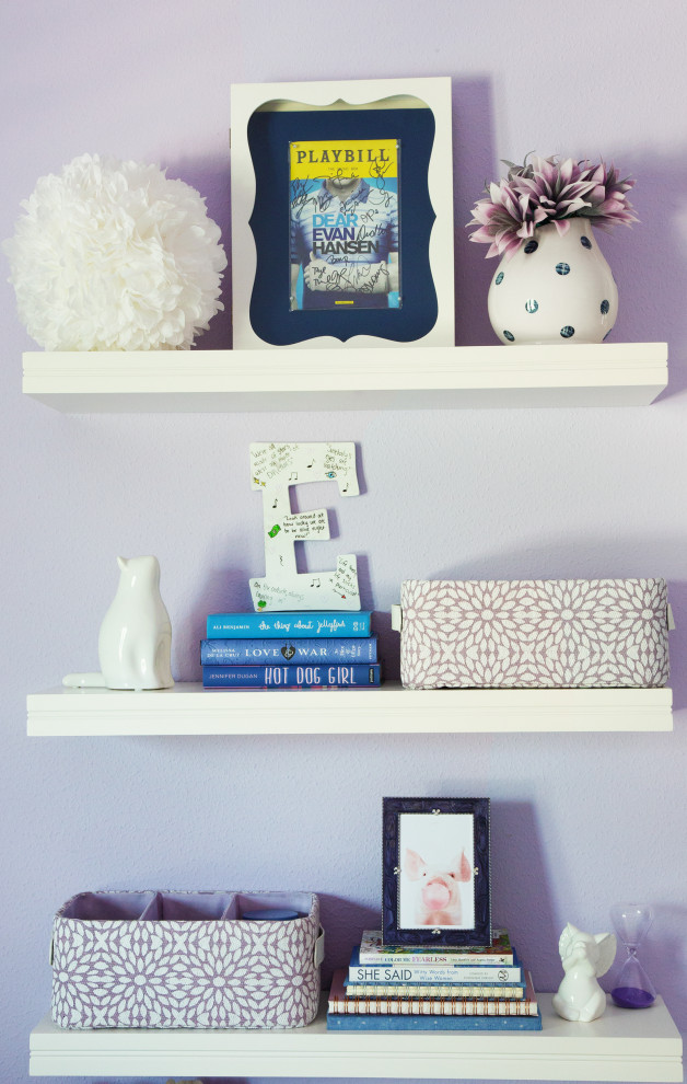 The Davis Home - Girls Bedroom who loves musical theatre. Painted in Sherwin Williams potentially Purple. Upholstered Daybed Custom Drapery and nightstands.