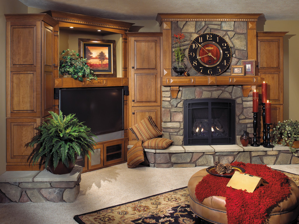Design ideas for a mid-sized transitional enclosed family room in Other with beige walls, carpet, a standard fireplace, a stone fireplace surround and a built-in media wall.