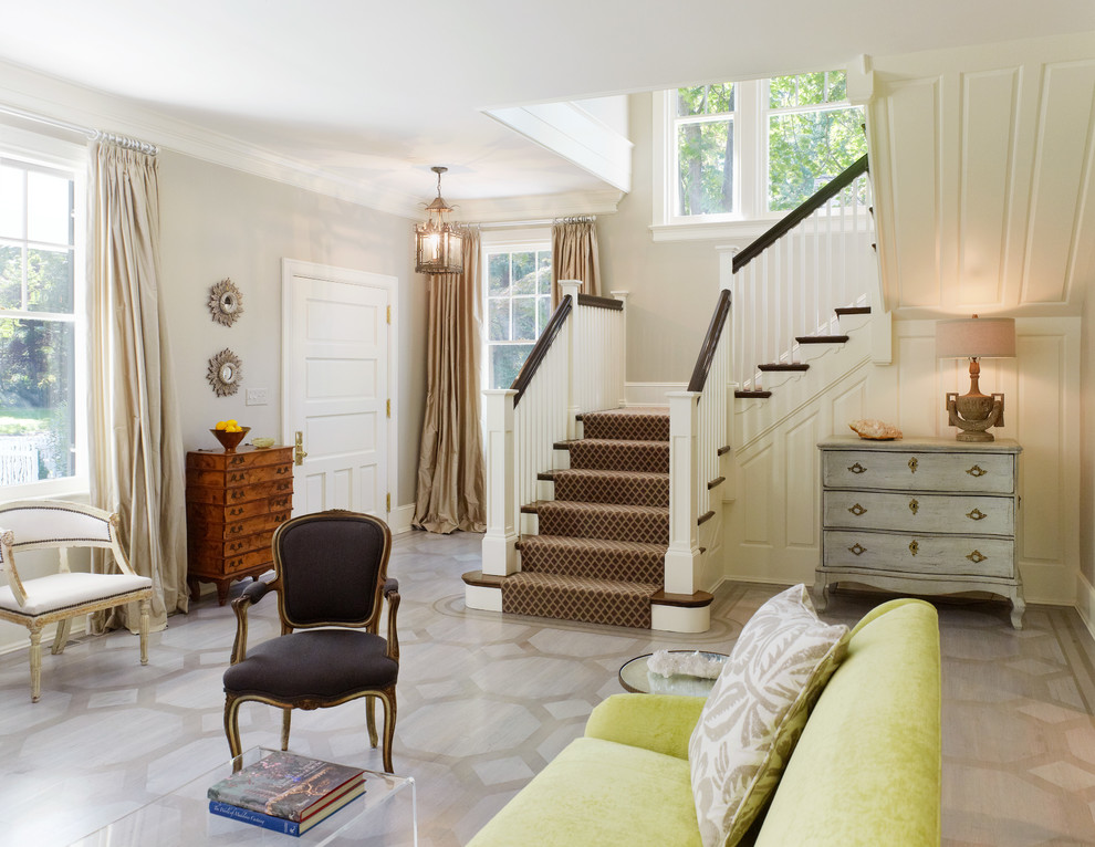 Inspiration for a traditional foyer in DC Metro with painted wood floors, a single front door and a white front door.