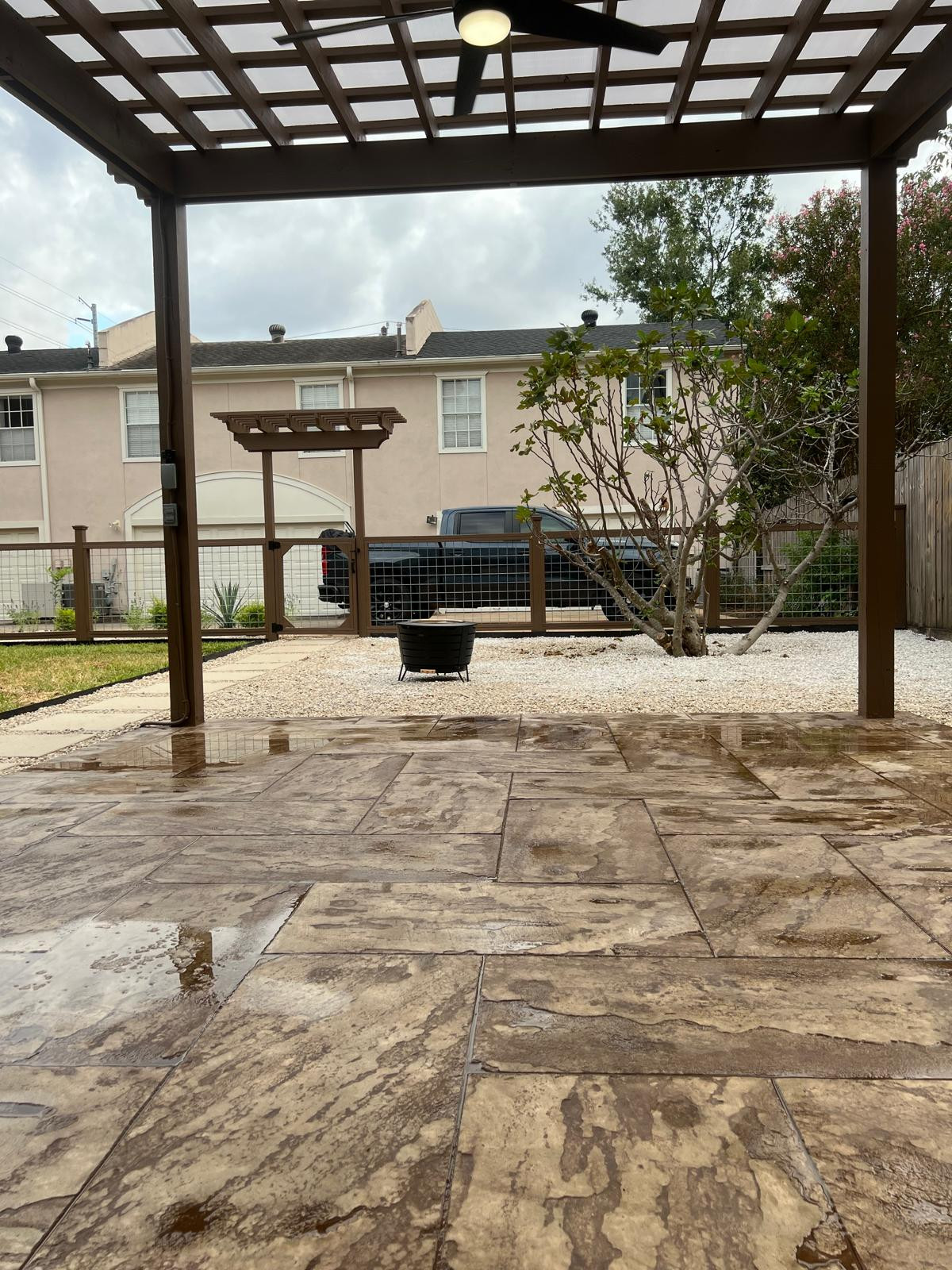 Beautiful stamped concrete patio with Pergola Cover on Haddon st!