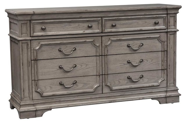 Eight Drawers Dresser In Gray Taupe With Antique Brown Finish