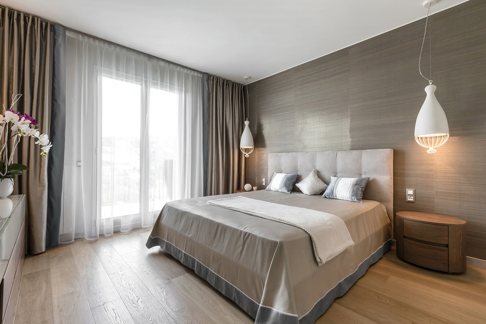 Restrained color palette of bedroom's interior. Villa near Monaco.