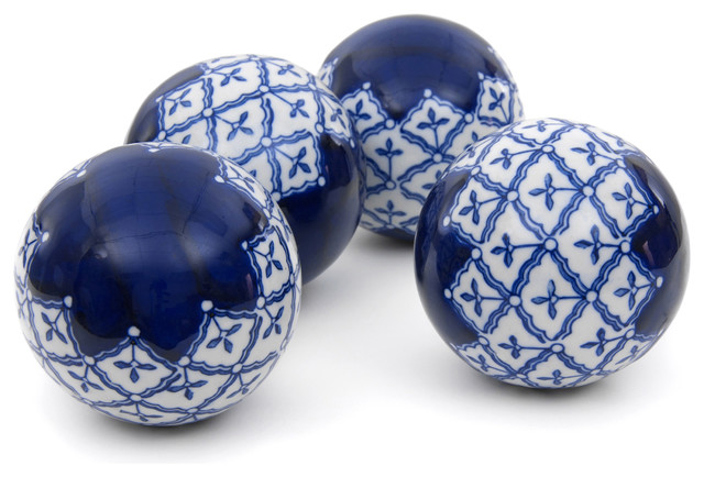 4 Blue And White Medallions Porcelain Ball Set Contemporary