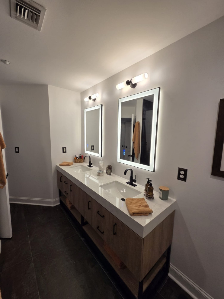 Custom Wood Double Vanity with Quartz Countertop – Charlotte Renovation