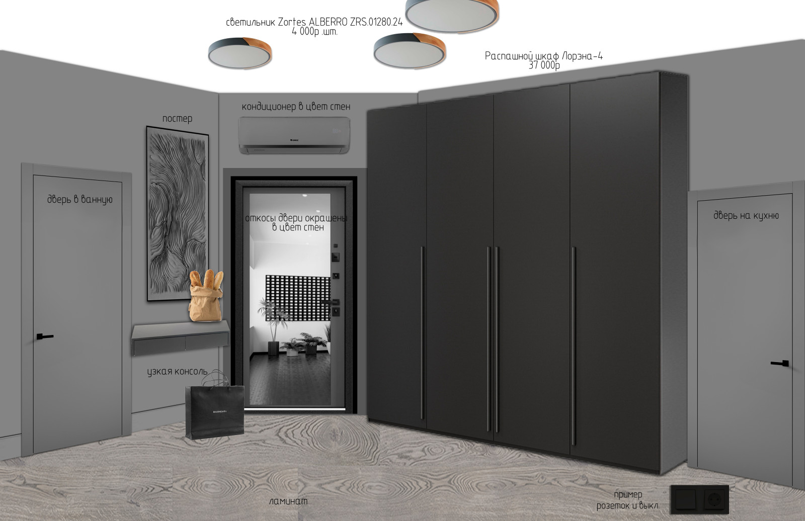 Эскизный проект с коллажами для 1-комнатной квартиры