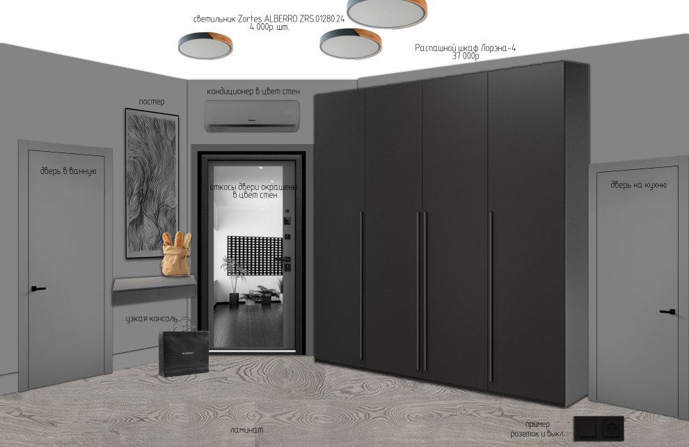 Эскизный проект с коллажами для 1-комнатной квартиры