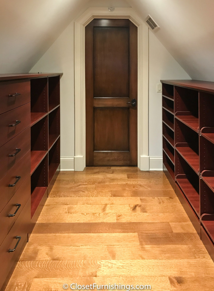 Design ideas for a mid-sized modern gender-neutral walk-in wardrobe in Chicago with flat-panel cabinets, red cabinets and dark hardwood floors.