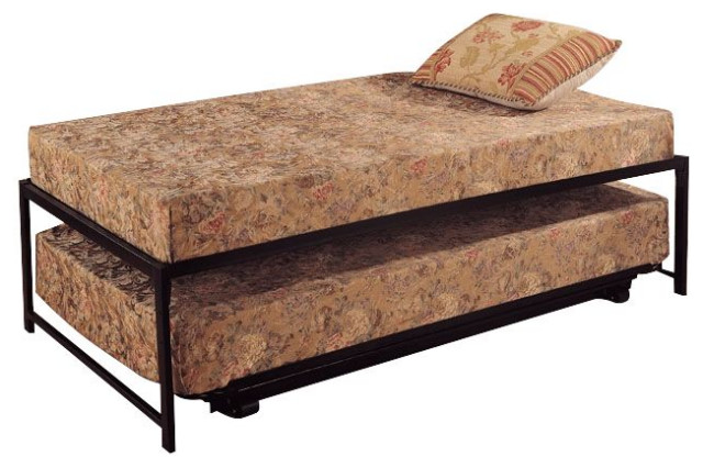 Black Metal High Riser Bed Frame, Trundle Bed Pop Up To Queen