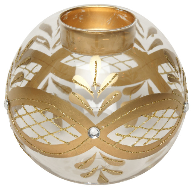 Balsam Hill 4 Inch Round Gold & Glass Tea Light Holder