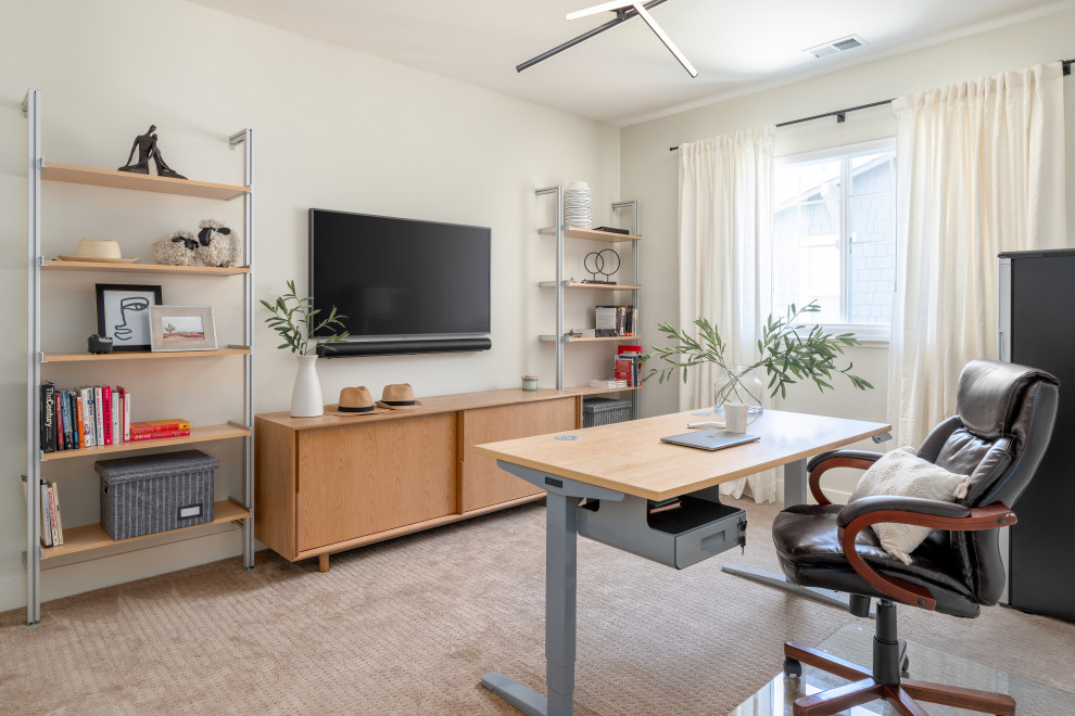 Scandi study in San Francisco with white walls and a freestanding desk.