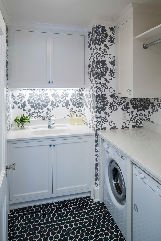 Dedicated laundry room - small traditional black floor dedicated laundry room idea in Minneapolis with an undermount sink, recessed-panel cabinets, white cabinets, multicolored walls and a side-by-side washer/dryer