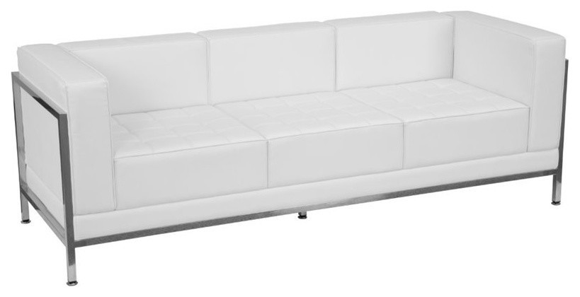 Bowery Hill Leather Upholstered Straight Arm Reception Sofa in White