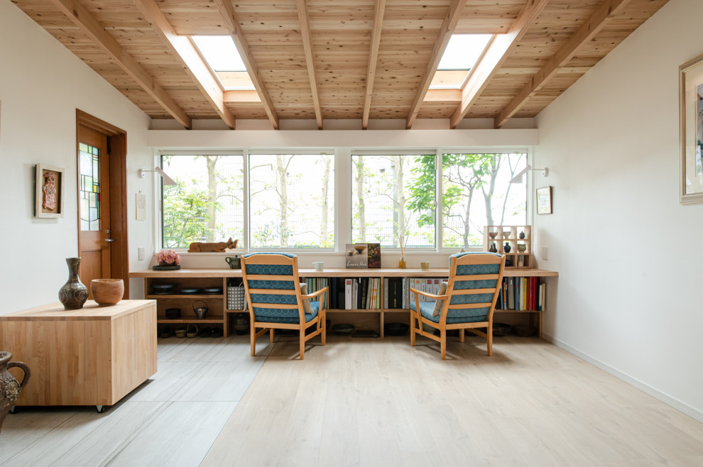 Small arts and crafts plywood floor and beige floor sunroom photo in Tokyo with no fireplace and a skylight