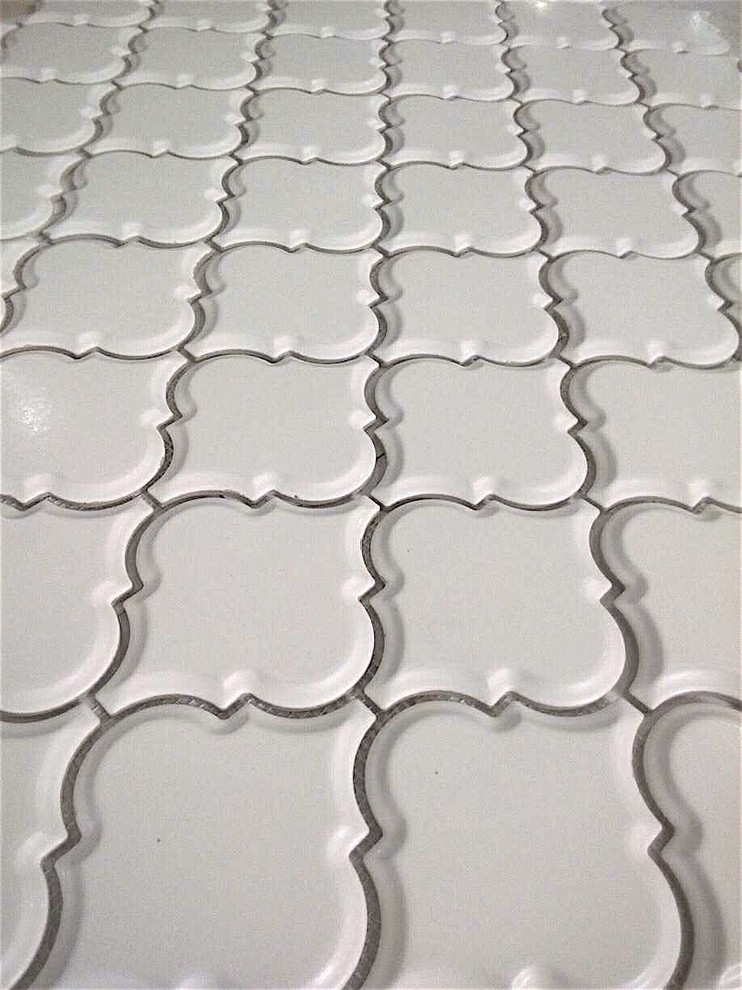  Beveled  Whisper  White  Arabesque  Tile  on a Mesh Mosaic 