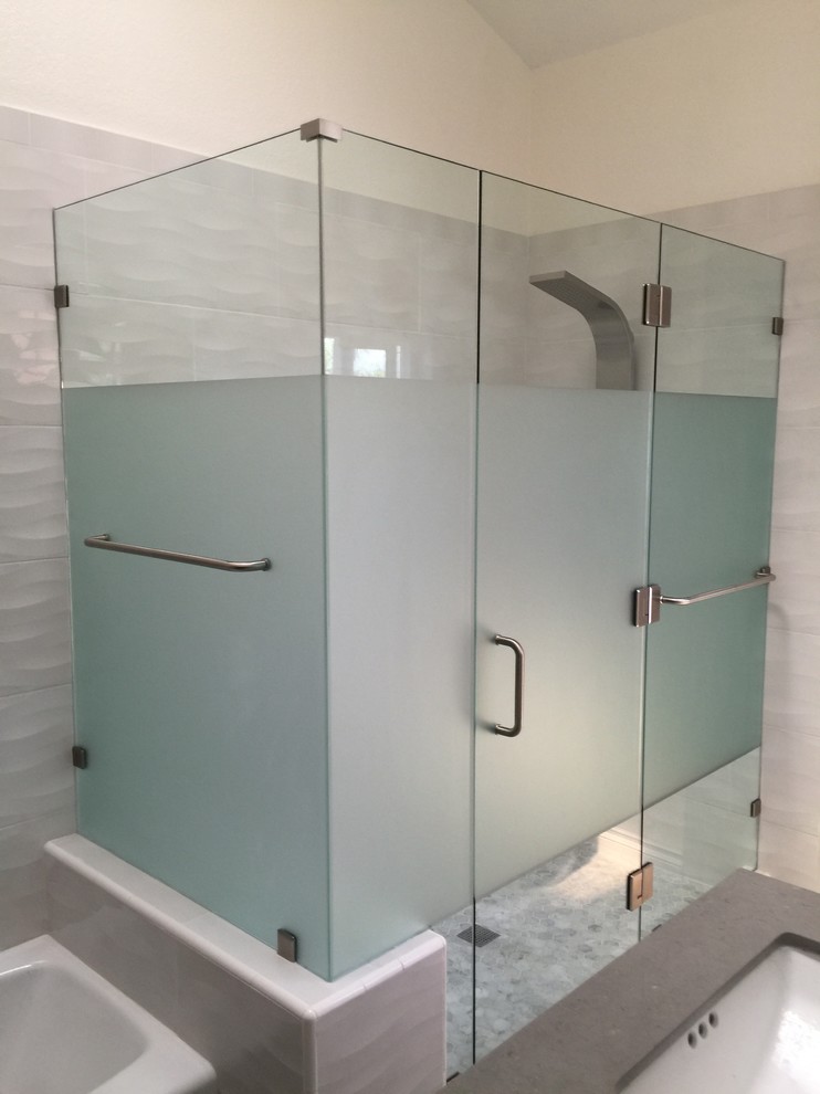 Contemporary bathroom in Orange County with an alcove tub and a corner shower.