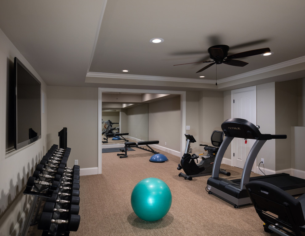 Inspiration for a large traditional multipurpose gym in Atlanta with beige walls, beige floor and recessed.