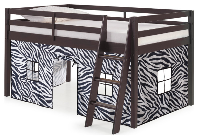 Roxy Twin Wood Junior Loft Bed, Espresso, Blue and Red Bottom Tent, Bed Color: Espresso, Tent: Zebra Pattern