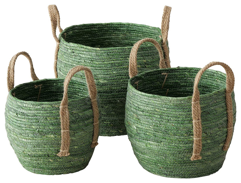 3 Piece Green Wicker Basket Set - Beach Style - Baskets - by Whole House  Worlds | Houzz